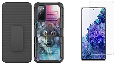 Bemz Rugged Case Compatible with Samsung Galaxy S20 FE 5G (Dual Armor TPU Hybrid Protector Holster Kickstand Cover) with Tempered Glass Screen Protector and Touch Tool - Mystic Wolf