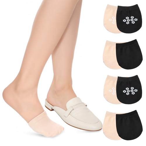 Qianyu 4 Pairs Women Toe Topper Socks No Show Liner Half Socks Invisible Non-Skid Toe Covers Non-Slip Seamless Mule Sock Hidden Grip Sock for Flat Clogs High Heel Slippers