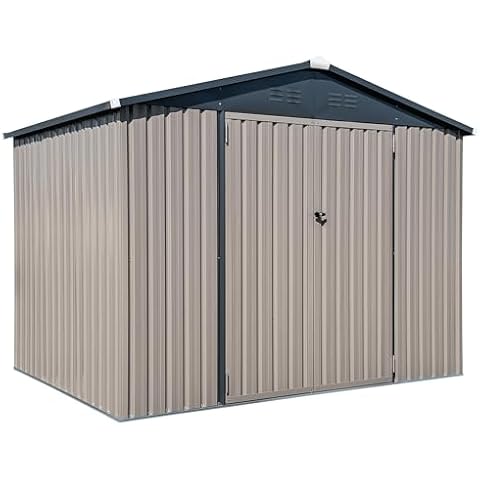 Metal Outdoor Galvanized Steel Storage Shed with Lockable Doors for Backyard or Patio Storage of Bikes, Grills, Supplies, Tools, Toys, for Lawn, Garden, and Camping, Tan (8x6) Cover