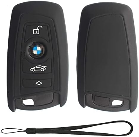 Velsman Compatible with BMW Trapezoid Style Key FOB - 3 Buttons Silicone Case Cover Protector Holder and Wrist Strap (Black)