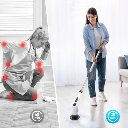 Image of Electric Spin Scrubber, Cordless Spin Scrubber, with Replacement Brush Heads, Bathroom Scrubber Dual Speed, Adjustable Extension Handle, Power Cleaning Brush for Bathroom Floor Tile