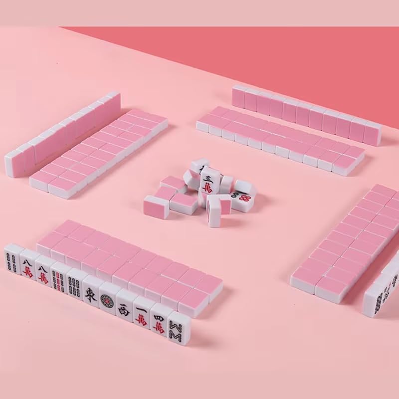 30mm 1.18" Pink Mahjong Table Game 144pcs Outdoor Travel Portable Mini Mahjong Dormitory Small Hand Rubbing Household Medium Play Game with Portable Travel Handbag with Table Cover