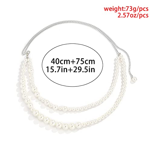 Double Layers Chain Belt for Women Faux Pearl Waist Chain with Clasp for Skinny Dress Pants, Ivory2