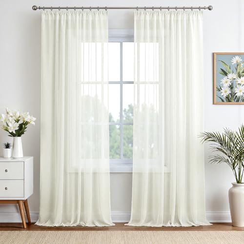 EMEMA Cortinas con cinta fruncidora, cortina transparente de voile liso transparente, cortina de gasa para salón con aire, cortina decorativa para dormitorio, juego de 2, 280 x 140 cm (A x An), marfil