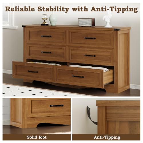 Image of BORNOON 6-Drawer Dresser for Bedroom, Modern Wooden Chest of Drawers with Metal Handles, Anti-Tipping Design, Sturdy and Stable Storage Organizer for Living Room, Entryway, Home Office