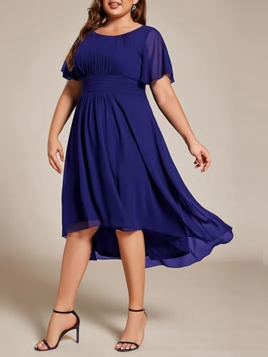 Image of Ever-Pretty Women's Plus Size Formal Wedding Guest Dresses for Curvy Women A Line Chiffon Midi High Low Cocktail Dress