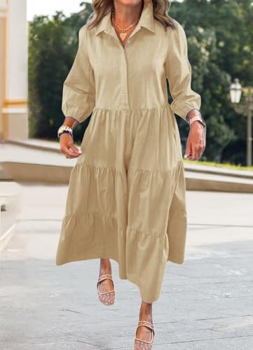 Image of chouyatou Women's Loose Fit Puff Sleeve Maxi Tiered Babydoll Dress V-Neck Cotton Long Button Down Dress