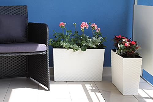 GORDANLUK Rattan-Effect Tall Trough Planter 56cm long with Removable Liner -Rectangular Indoor Outdoor Tray Plant Pot | Large Window Sill Planter | Weatherproof | Self Watering | Polypropylene | White