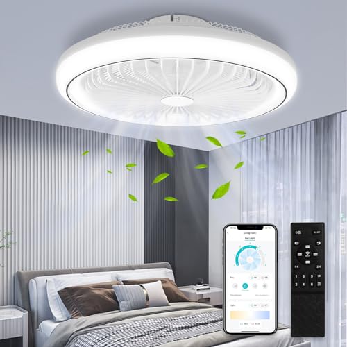 Modernas Ventilador de Techo Silencioso con Luz y Mando, 47cm Sin Aspas, 6 Velocidades, Reversible para Dormitorio, Salon