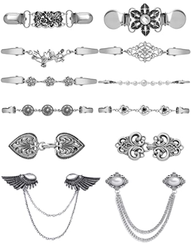 Tornito 12pcs Vintage Sweater Shawl Clips Retro Cardigan Collar Shirt Waist Dresses Chain Clip Antique Flowers Pattern Brooch Pins for Women