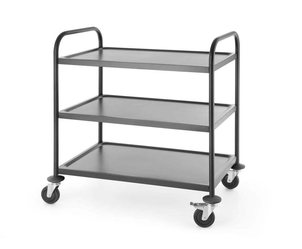 HENDI Servierwagen, für Geschirr, Küchenwagen, mit 4 Lenkrollen-2 Davon gebremst, 3 Regalböden, Max. Traglast pro Boden 50kg, 905x585x(H) 945mm, Blech 830x510mm, Edelstahl, Mattschwarz