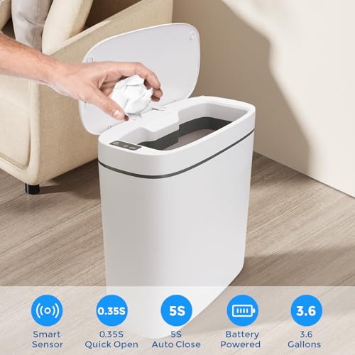Image of Bathroom Trash Can with Lid, 3.7 Gallon Waterproof Garbage Can, Electric Smart Sensor Touchless Trash Can with 40pcs Trash Bags, Ideal for Bathroom, Kitchen, Living Room