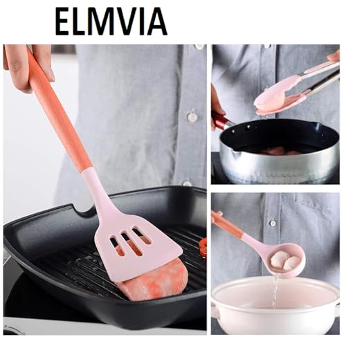 Image of Elmvia Silicone Cooking Utensil Set,12 PCS Cooking Kitchen Utensils Set, Nonstick Kitchen Utensils 446F Heat-Resistant Cookware Kitchen Tools of Spoon,Brush,Whisk,Spatula,Turner Tongs (Pink)