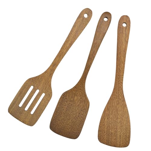 Image of Wooden Spatula Set of 3, Natural Kitchen Turners for Non Stick Pan, 11.8Inch Solid Slotted Cooking Utensils with Long Handle for Baking Flipping