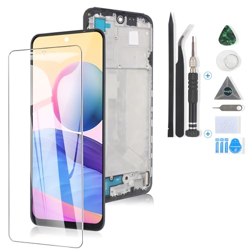RongZy para Xiaomi Redmi Note 10/Note 10s 4G LCD+Pantalla Táctil Digitalizador Asamblea Reemplazo +Reparación Herramientas(Negro con Marco)