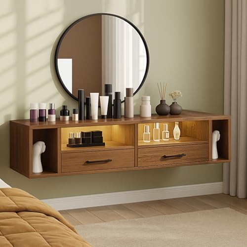 Catálogo de Juegos de tocador - 5 favoritos. 47 Owii Juego de 2 Mesitas de Noche Flotantes con LED, Mesilla de Pared con Cajón y Estación de Carga, Buró para Recamara con Estante Abierto, Mueble Auxiliar LED para Dormitorio...