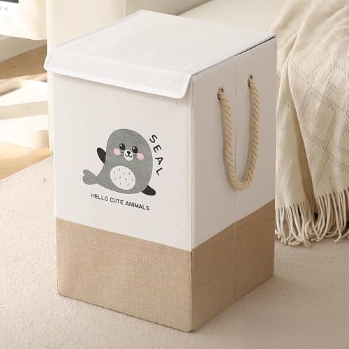 Image of HOKIPO Cardboard Foldable Laundry Basket for Clothes with Lid, Brown - Seal (AR-5317-BR), 53cm, 35cm