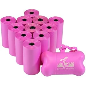 Downtown Pet Supply Poop Bags for Dogs with Dispenser, 220 Count - Leak-Proof Dog Waste Bags and Bone-Shaped Dog Poop Bags Holder for Leash - Pink, 12.5" x 8.5"