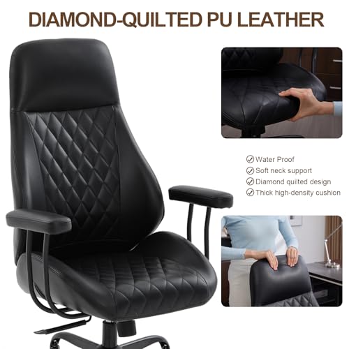 Image of Office Chair with Rubber Wheels, Ergonomic Computer Chair 500 lbs, Leather Desk Chair with Lumbar Support, Executive Chair Adjustable Height & Recline, Black | Ergonomic, Lumbar Support, 360 Swivel & Rolling Wheels, Adjustable Height, for Adults & Women