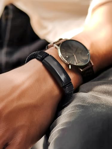 U7 Mens Leather Bracelet with Stainless Steel Clasp, Leather Cuff Bracelet in Skull or Wrap Style Black Bracelets for Husband3