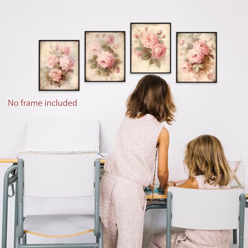 Image of laveliabel Vintage Pink Rose Wall Art Prints Set of 4 Unframed, Floral Wall Decor, Shabby Chic Pink Floral Botanical Poster Prints for Cottagecore Home Room Wall Decor 8x10 Inches