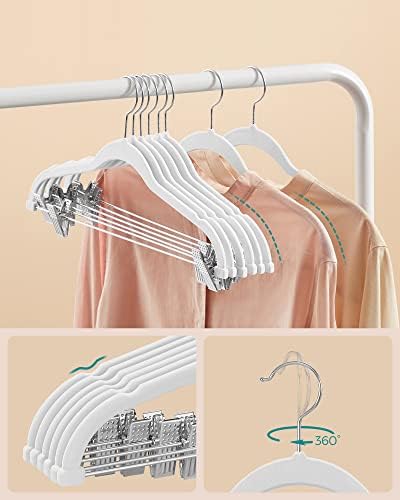 SONGMICS Trouser Hangers, Set of 12 Velvet Hangers with Adjustable Clips, 42.5 cm Long, Non-Slip, Space-Saving, for Skirts, Coats, Dresses, White CRF012W01
