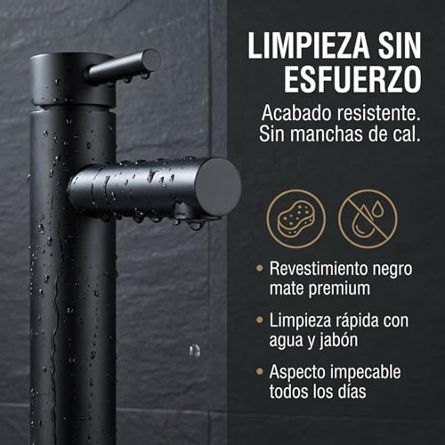 Miniatura 3 de Valaz Grifo De Lavabo Monomando Redondo Negro Mate Con Caño Recto Mezclador Agua Fría Y Caliente De Latón Serie Palancia