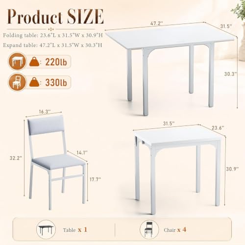 Image of HUAHUU 5-Piece Dining Table Set for 4, Extendable Kitchen Table Set with 4 Upholstered Cushion Chairs, Rectangle Table with Metal Frame & MDF Board, Folding Space-Saving for Small Apartment, White