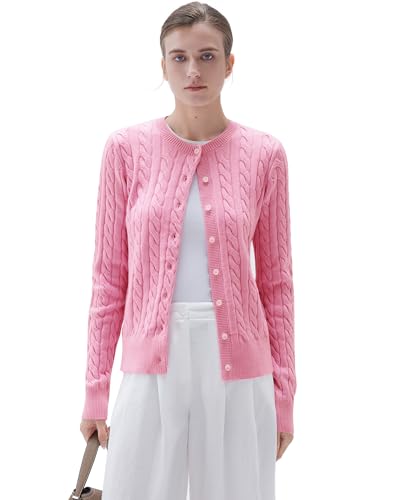 SUUKSESS Women Cable Knit Cashmere Sweaters Crew Neck Button Up Chunky Cardigan Long Sleeve Cropped Fall Fashion Outfits Jackets (Pink, XS)