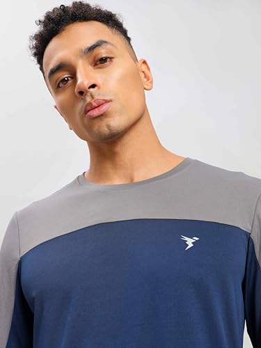 Image of TECHNOSPORT Men Colorblock Slim Fit Round Neck T-Shirt with TECHNOCOOL+ (Light Blue) Gym Tee Dry Fit T Shirt for Men Sports Top for Him