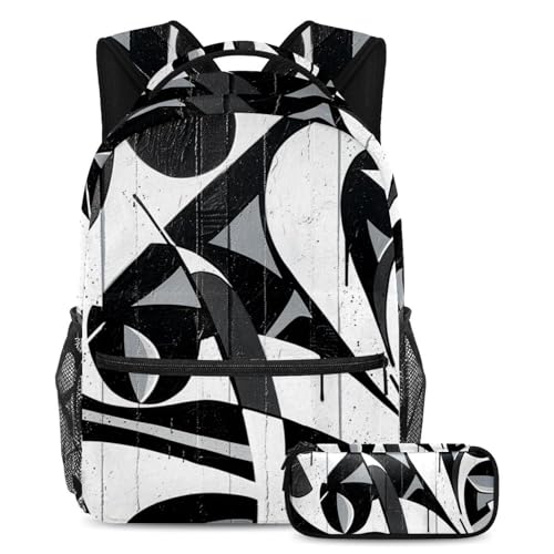 Mochila artística de graffiti en blanco y negro con estuche para lápices, juego de 2 mochilas escolares para niños, niñas y adolescentes, bolsa de viaje para estudiantes, Graffiti blanco y negro