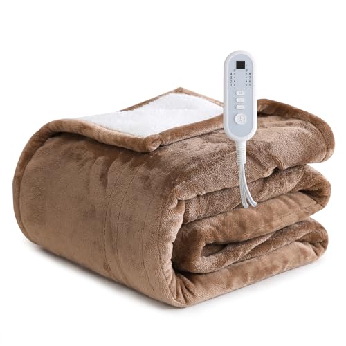 Sheet&Joy Heated Blanket Electric Brown Throw - 50x60 Heating Blanket Throw 1/2/4/6/8 Hours Auto-Off 8 Heat Level Over-Heat Protection Flannel Sherpa Electric ETL Certification