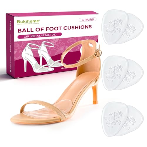 Bukihome Almohadillas Metatarsianas Ball of Foot Cushion - 3 pares plantillas metatarsalgia para el metatarso, Almohadillas antideslizantes para tacones altos, sandalias, bodas, fiestas(Clear)