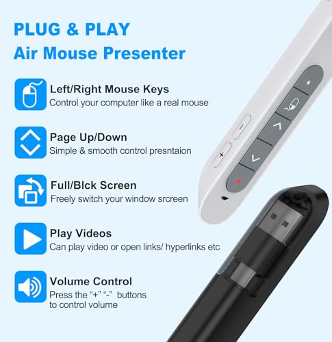 Image of DINOSTRIKE White Presentation Clicker with Air Mouse Control, USB Type C Wireless Presenter Remote Clicker for Powerpoints Slide RF 2.4GZ Slide Advancer for Computer Laptop Mac