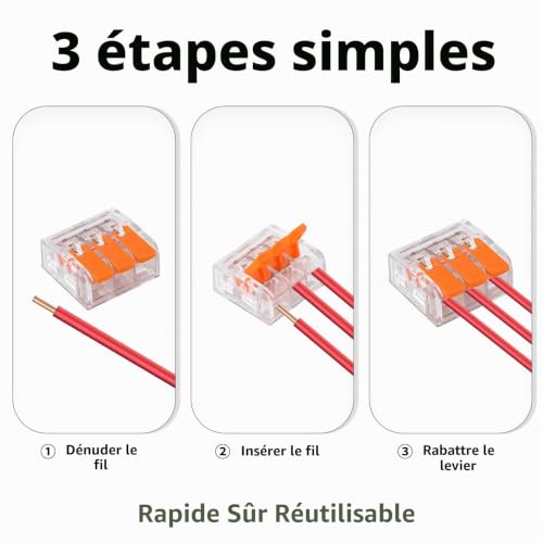 Kit de 50 Connecteurs Électriques à Levier, Bloc de Jonction Compact Inline, Boîtier PA/PC Ignifugé, pour Câbles Fil Rigide/Strandé pour Circuit Domestique, Modèle CMK66 0.2-6mm² 600V 41A (3 Broches) – vue 6