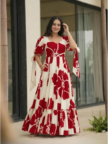 Image of Modestouze Attires Women's Floral Pattern Rayon Blend Maxi Dress with Sweetheart Neck Half Puff Sleeve Floor Length and Zipper Closure Type | Maxi Dress for Women Stylish | Dress for Women