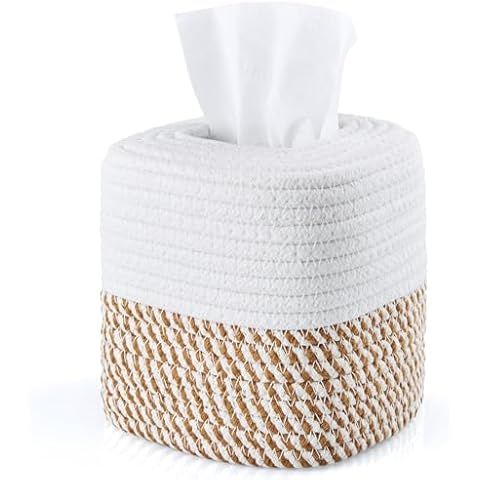 OUTNILI Cotton Tissue Box Cover Square - Handwove Rope Tissue Box Holder for Tabletop Bathroom Office Countertops - Decorative Cube Tissue Box Cover for Modern Farmhouse Boho Decor Cover