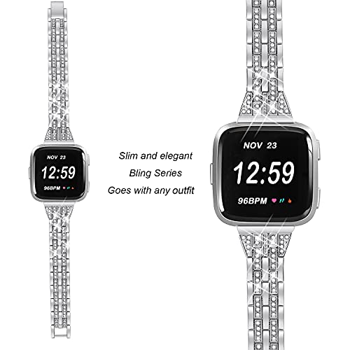 Bayite Slim Bling Bands Compatible With Fitbit Versa/Versa 2/Versa Lite Smartwatch, Dressy Metal Bracelet Jewelry Wristband Women, Silver #TOP3