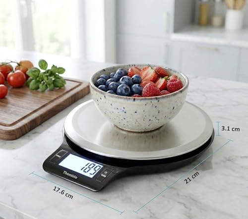 Image of Themisto TH-WS21 Digital Kitchen Weighing Scale for Cooking, Baking, Health & Fitness | Max Capacity 5kg | Stainless Steel | Tare Function | 6 Months Warranty