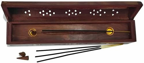 Wooden Incense Box, Agarbati Holder Wooden Hand Carved Incense Burner, Incense Holder, Brass Inlays & Storage Incense Holder Stand, Incense Stick Stand Handmade (12X2.5X3 Inch) Peace #TOP2