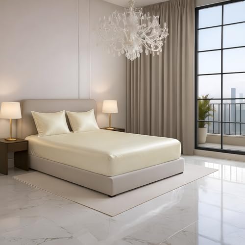 Image of Luxe Ere Elastic Fitted Satin Bedsheet Queen Size (78x60) with 2 Pillow Covers, Ultra-Smooth 300TC Silky Fabric, Perfect for Home Decor, Gifting & Romantic Escapes-Classic Ivory