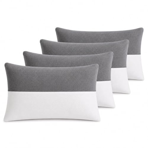 Image of Hollow Fiber Sleeping Pillow for Bed | Adjustable Height with Zip | Breathable Mesh Fabric, Back and Neck Support Pillow for Reading, Grey & White, 27 x 16 Inch, Set of 4
