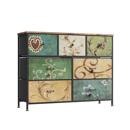 TEOSTWF Commode vintage avec 7 tiroirs en tissu et cadre en métal en bois pour chambre à coucher, salon (7 tiroirs)