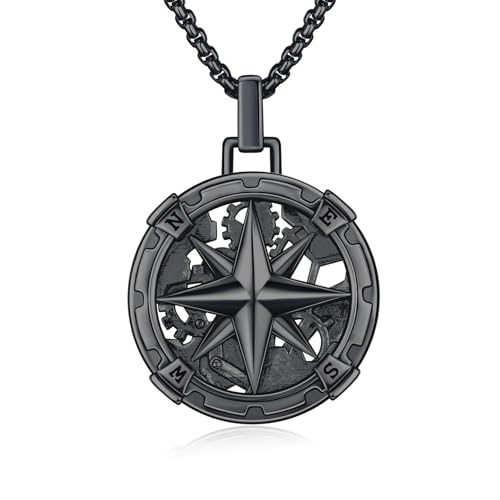 Collier boussole en argent 925 et chaîne en acier inoxydable 55cm