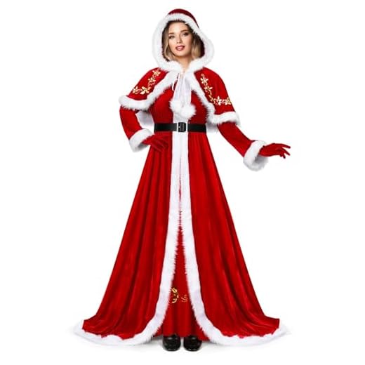 Costume de Luxe Mme Claus Rouge, avec Robe à Capuche et Ceinture, déguisement de Noël pour Adulte, Costume de Père Noël, Costume Mere Noel Femme, Robe Mere Noel Femme, S - 5XL B,L