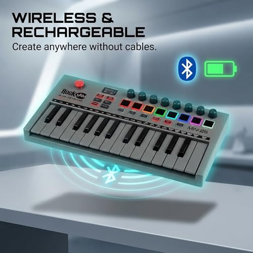 RockJam 25-Key Rechargeable USB MIDI Keyboard Controller – Mini Piano Keyboard with Velocity-Sensitive Pads, Synth Controller, Bluetooth/Wired MIDI, Arpeggiator, DAW Compatible by RockJam - Image 2