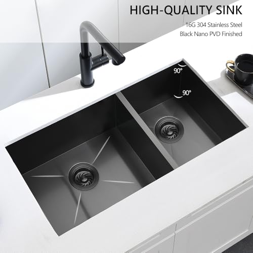 33 Black Double Bowl Kitchen Sink 6/4 Undermount, Dorzom 33 x 17 x 9 in Gunmetal Black Stainless Steel Double Bowl Sink Handmade Undermount 60/40 Kitchen Sink with Accessories by Dorzom - Used condition - Image 2