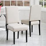 Syhtalotxikl Upholstered Dining Chair with Bronze Studs and Espresso Legs, Elegant Design for Comfortable Seating, Beige