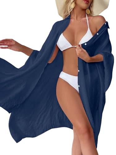 Image of Batwing Sleeve Beach Cover Up Button Front Kimono Bathing Suit Cover Ups