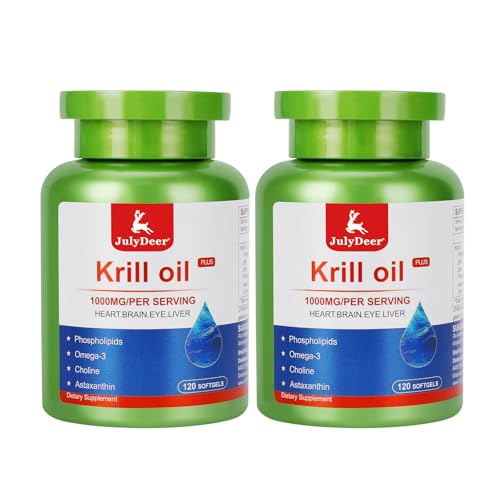 JulyDeer Krill Oil 1000 mg 240 Softgels with Omega-3s EPA DHA Astaxanthin and Phospholipids Supplement Antarctic Krill No Fishy Aftertaste for Joint Heart Brain and Immunity - 2 Bottles
